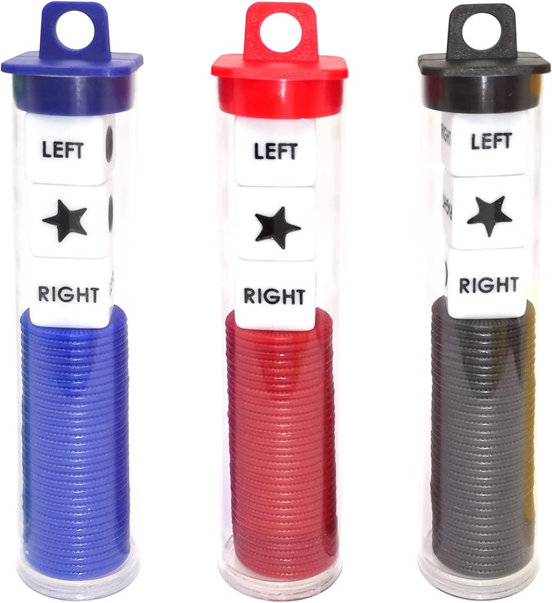 Ahoper Right Left Center Dice Game Prime Set Bundle with 3 Dices + 36 Chips. Round Tube Storage is Very Convenient for Travel. Easy to Store, Carry Around. (3 Pack) - Image 1